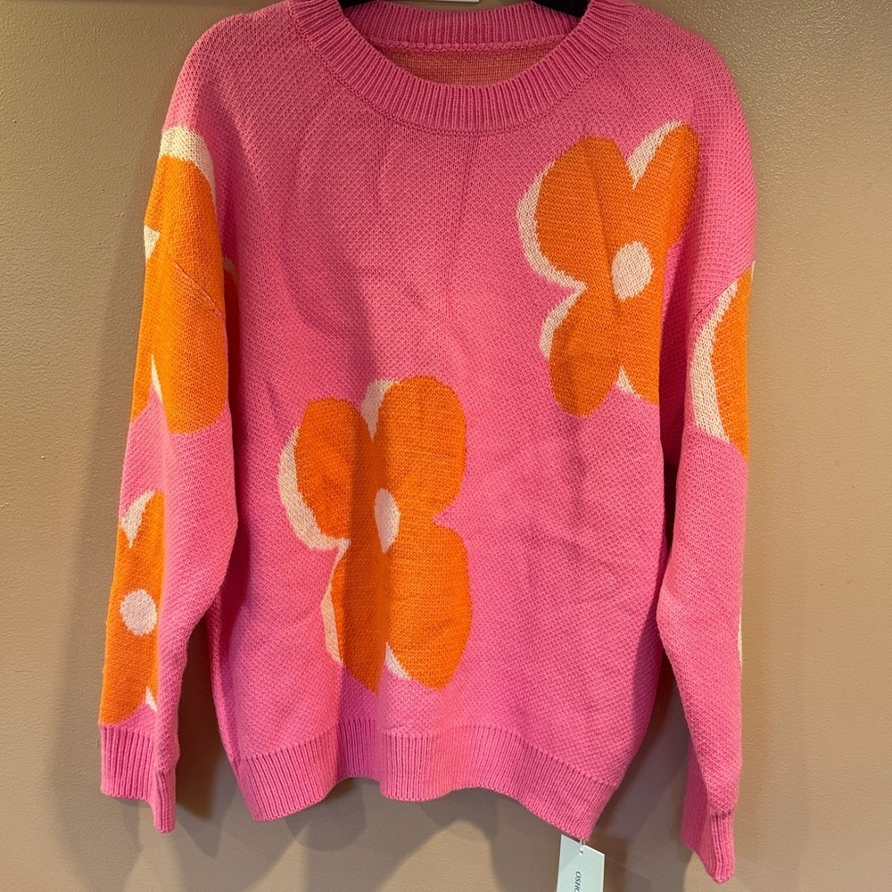 Women's Pink Floral Crewneck Sweater - Casual Oversized Knit - Picture 4 of 11